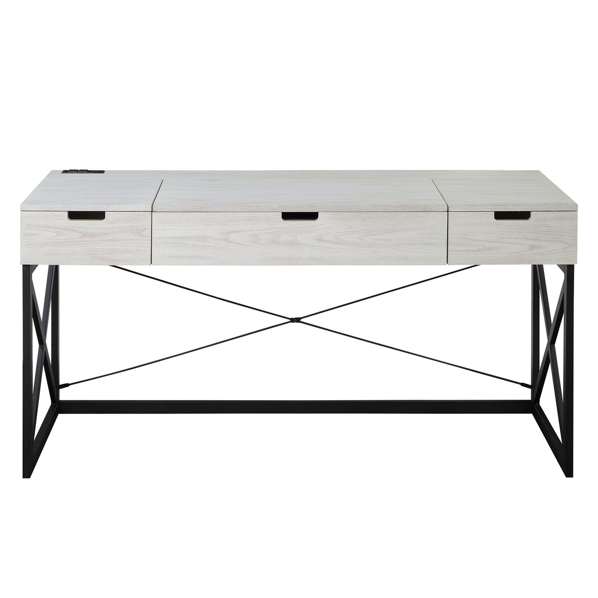 24/7 Shop at Home Ashiya Transitional 2 Drawers Metal Hidden Storage Desk with Lift-Top, USB Port, Power Outlet for Workstation, Home Office, Study Room, Antique White