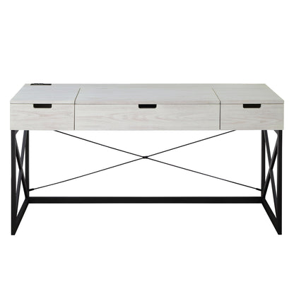 24/7 Shop at Home Ashiya Transitional 2 Drawers Metal Hidden Storage Desk with Lift-Top, USB Port, Power Outlet for Workstation, Home Office, Study Room, Antique White