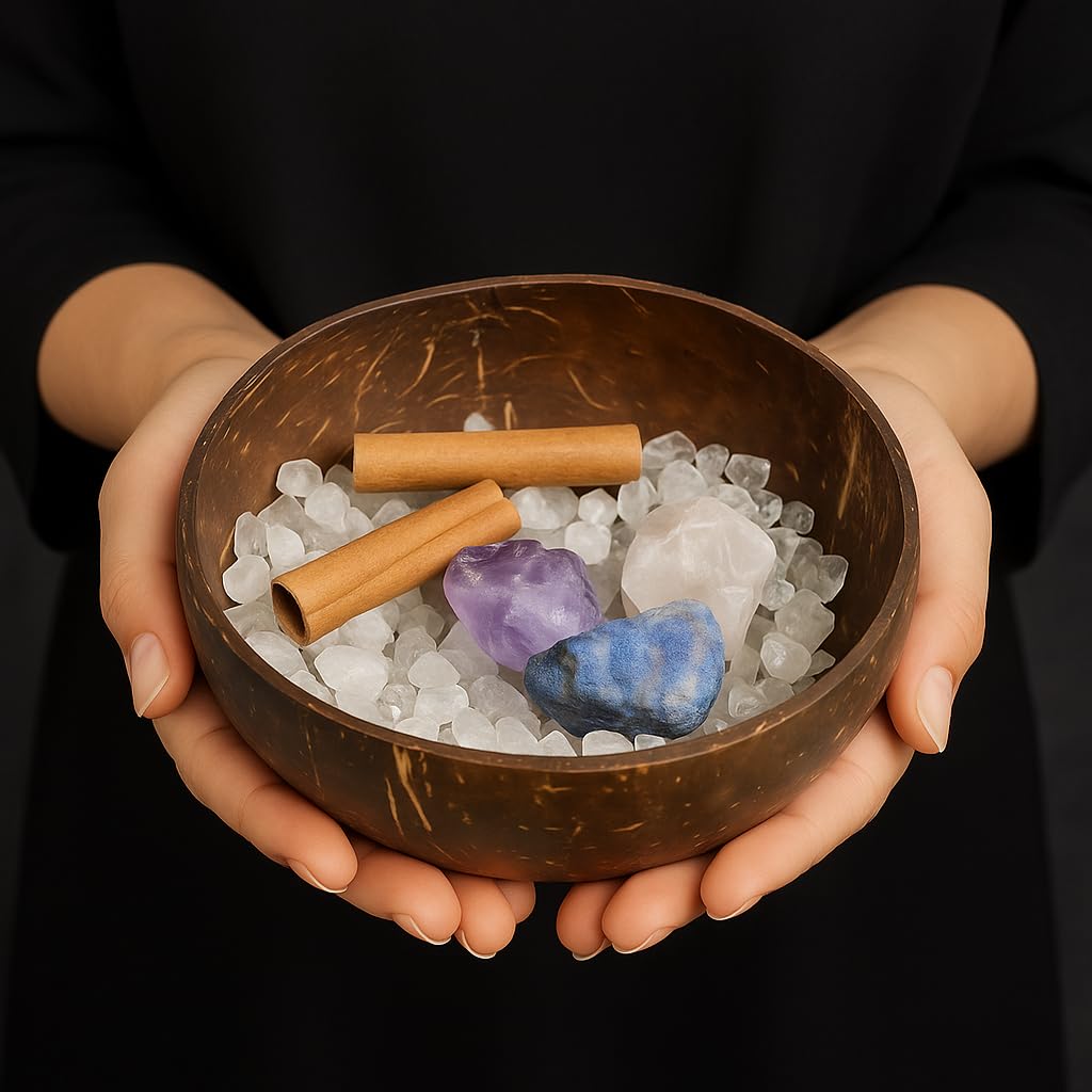Crystal Cleansing Set with Coconut Bowl – Natural White Quartz Raw Stone, Crystal Chips & Cinnamon Sticks for Meditation, Energy Healing, and Spiritual Rituals
