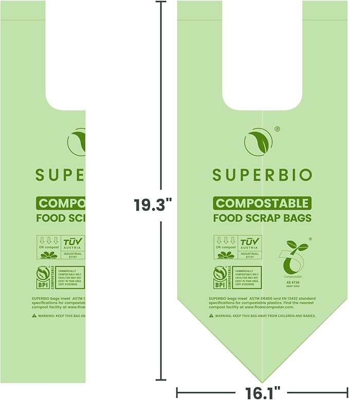 SUPERBIO 1.6 Gallon Handle Tie Compostable Food Scrap Bags, Small Compost Bags