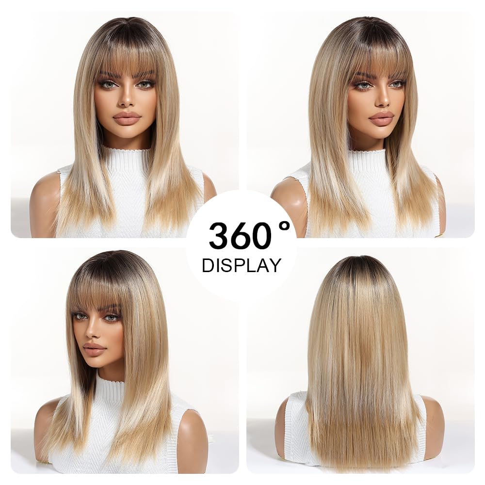 OUFEI Ombre Blonde Wigs for Women Medium Length Long Straight Wig with Bangs Synthetic Hair Heat Resistant Wigs for Everyday Party Cosplay Wear
