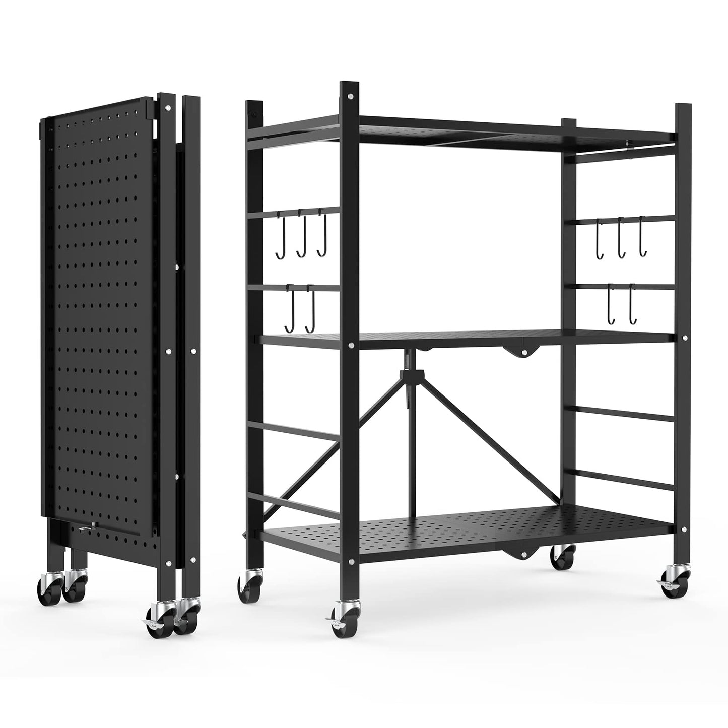 Himix Storage Shelves with Hooks, No Assembly Metal Folding Shelf on Wheels for Kitchen
