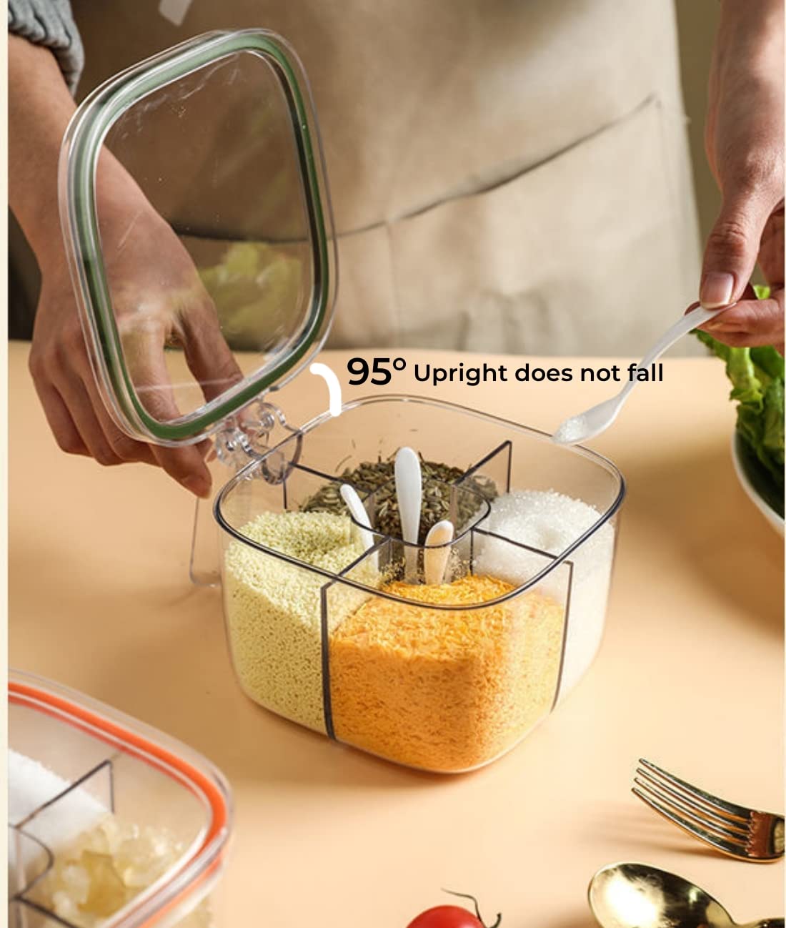 Brand Clear Box, 4-Compartment Sealed Container Set with Lid, Cover & Serving Spoons, Plastic Kitchen Condiment Jars to Store Salt, Pepper, Powder