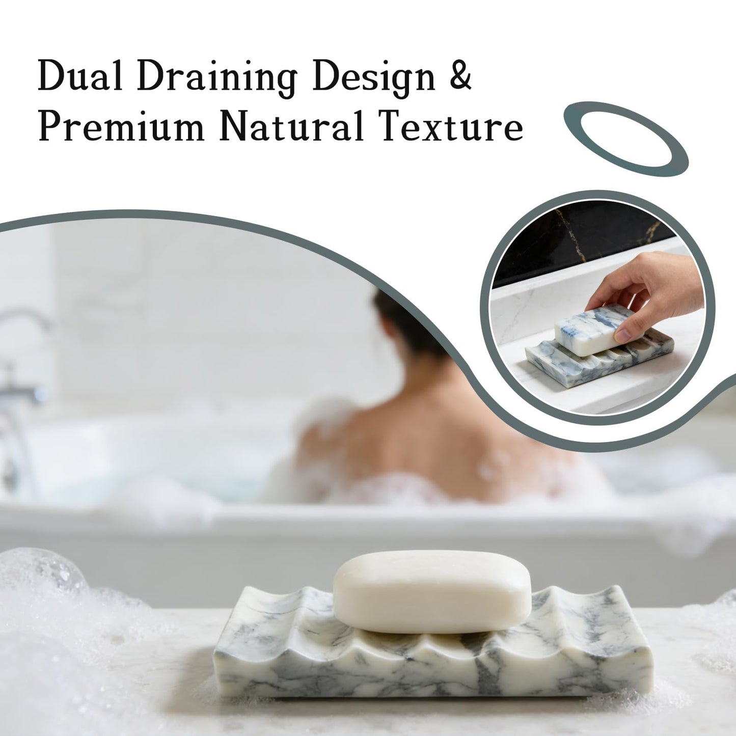 Marble Soap Dish, Draining Soap Dish - Rectangular Lotus Green with Natural Stone Texture, Non-Slip Bathroom Soap Holder for Shower/Bathroom Countertop, Decorative & Durable