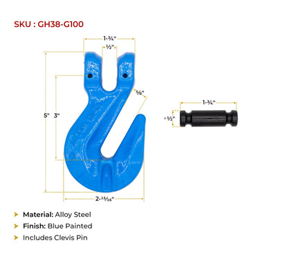 Mytee Products 2 Pack 3/8" Grade 100 Cradle Clevis Grab Hook for Lifting - 8,800 LBS WLL Heavy Duty Tow Chain Hook for Trailer/Truck Transport