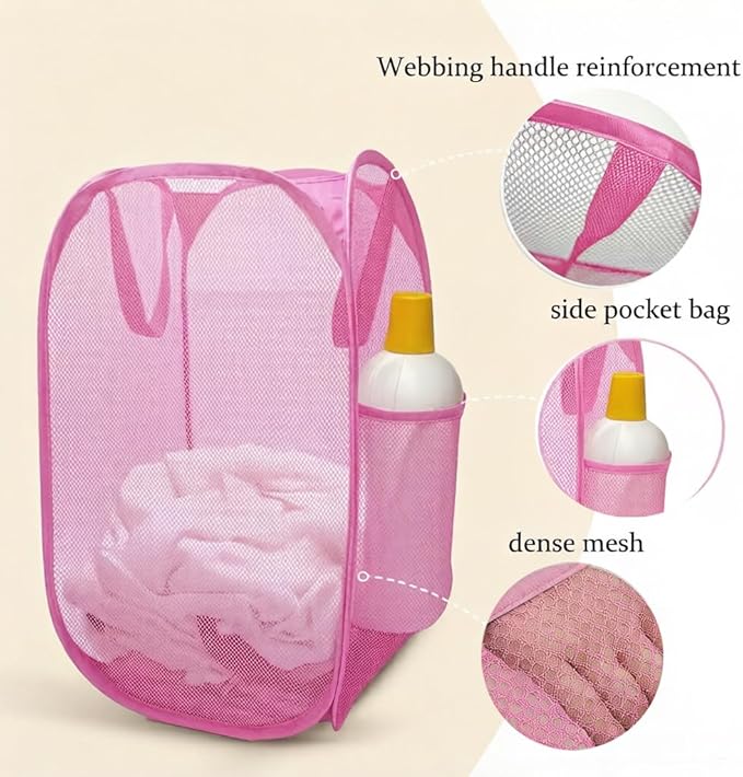 The upgraded pop-up laundry basket features a breathable side pocket mesh design
