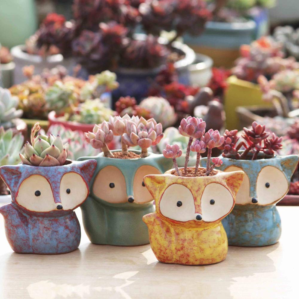 ANQIA 4 Pack Cute Fox Shape Ceramic Succulent Plant Pots Cactus Plant Pot Flower Pot with A Hole for Home & Office Decor