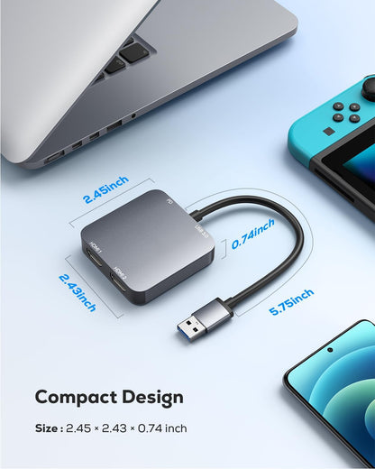 ABLEWE USB 3.0 to Dual HDMI Adapter with USB 3.0 Port, HDMI to USB Audio Video Graphics Converter Cable for Laptop Monitor Desktop TV, Compatible with Mac OS, Windows