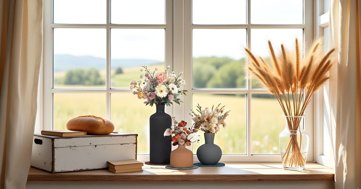 Ceramic Vase Set of 3 - Matte Textured Rustic Farmhouse Vases Home Decor, Modern Neutral Flowers Vases for Shelves Decor, Kitchen Shelf, Living Room, Mantel and Entryway with Non-Slip Pads
