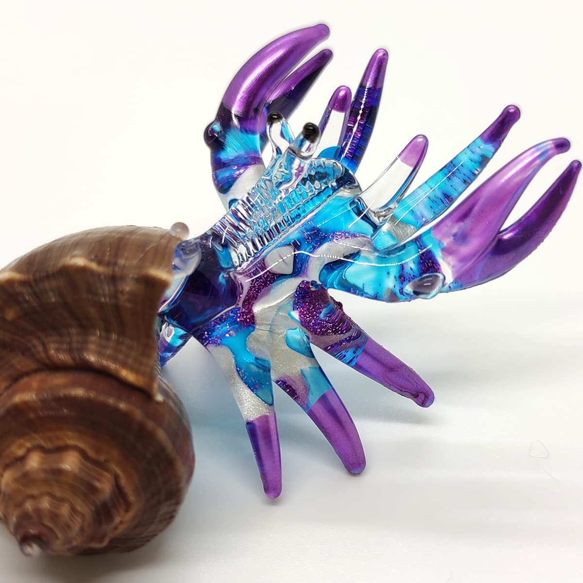 Sansukjai Seashell Hermit Crab Miniature Figurines Beach Animals Hand Blown Glass Art Collectible Gift Decorate - Brown Spiral Shell (Purple Blue)