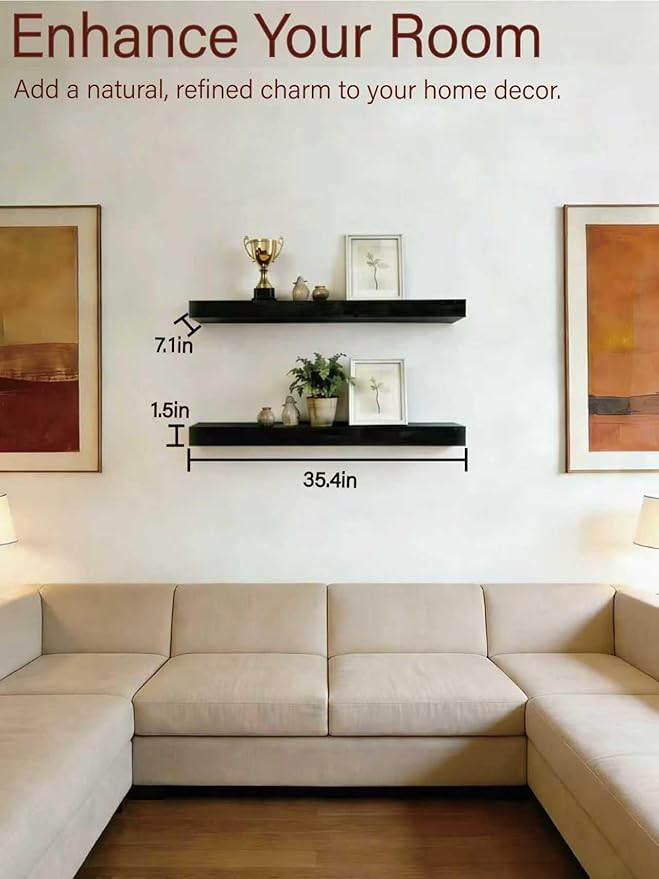 Solid Wood Floating Shelves, 35.4in Finished Real Wood Wall Shelves