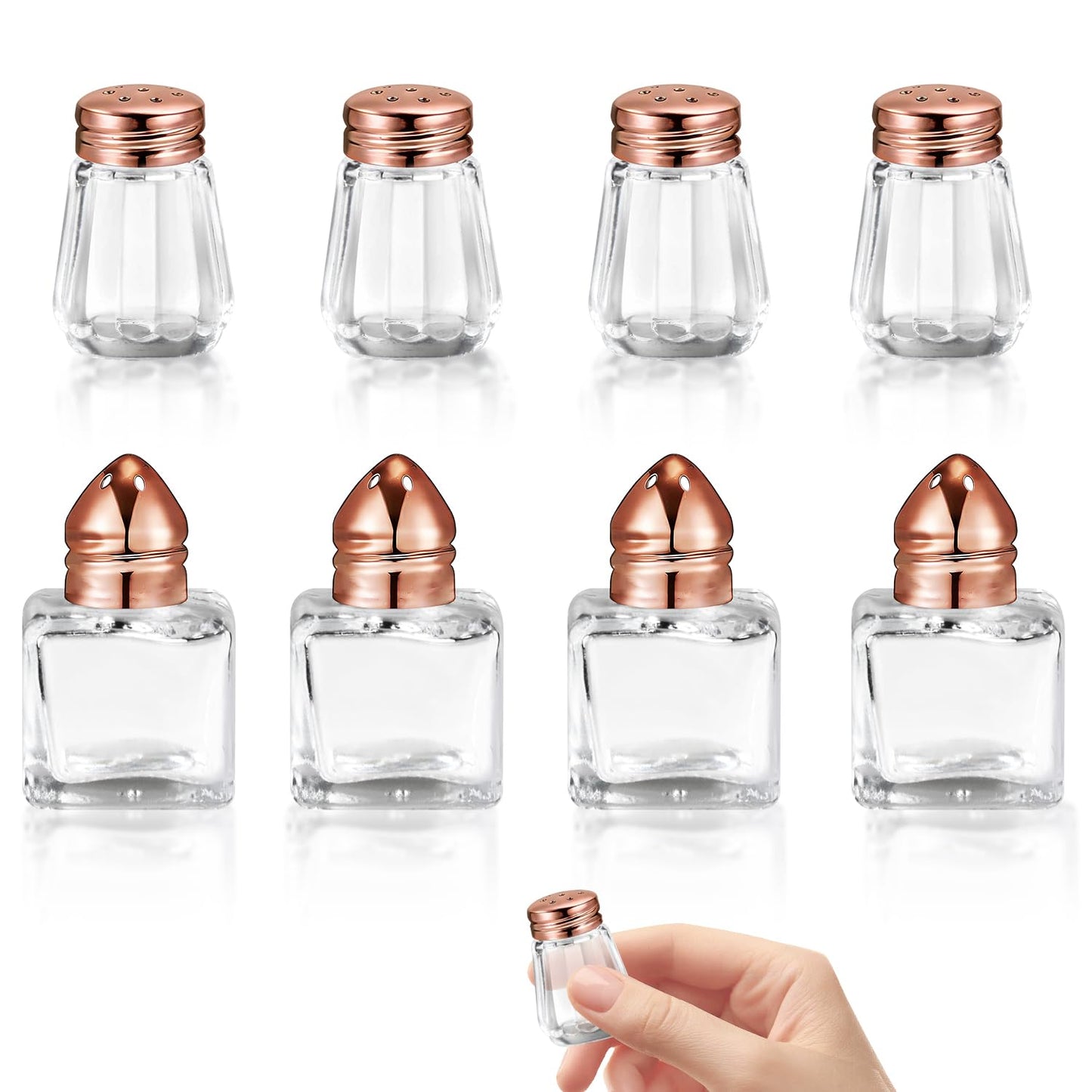 BOSMIOW 6Pack Small Glass Spice Jars with Rose Gold Cap,Clear Mini Salt Holders,Durable Pepper Shakers,Empty Seasoning Powders Containers for Kitchen Restaurants