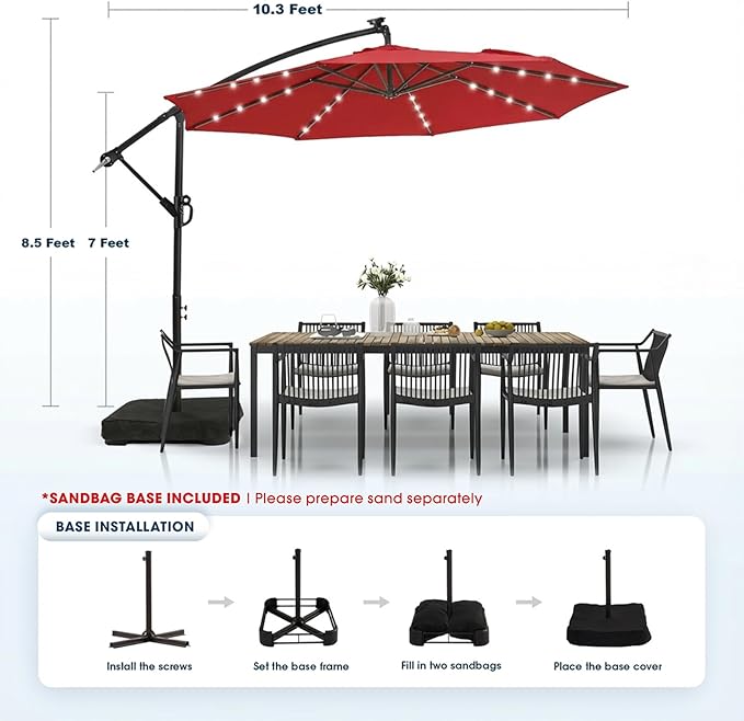 wikiwiki 10ft Solar LED Patio Umbrella with Base Included, Offset Umbrella with Weighted Sandbag Base, Cantilever Patio Umbrellas for Backyard, Garden & Deck, 32 LED Lights & Polyester Shade, Red