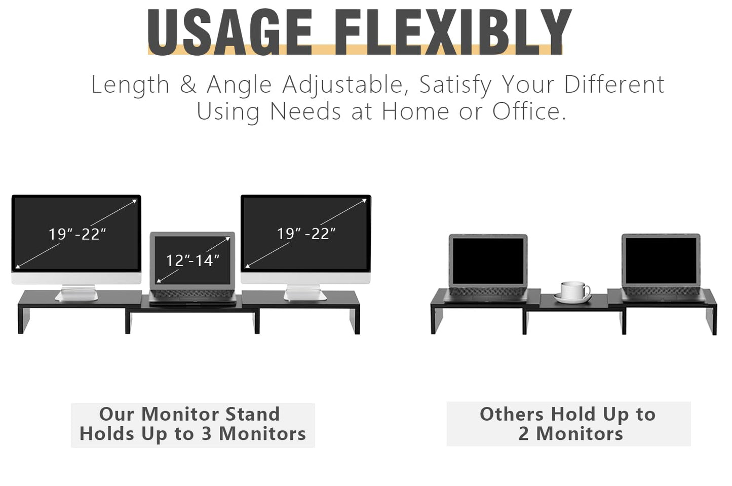 TAVR Dual Monitor Stand Riser Office Desktop Organizer Stand for 2 Monitors, Adjustable Length and Angle 3 Shelf, Extra Long Multifunctional Stand up to 43.3" fit Computer, Laptop, TV, Black