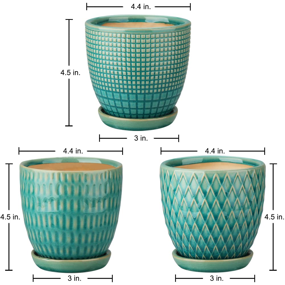 Oairse 4 inches Ceramic Planters Pots for Indoor Plants 3 Set of Small Round Flower Pots with Drainage Hole and Ceramic Tray Modern Planters Set for Succulents Cactus Garden Home Windowsill Table