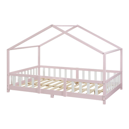 [en.casa] Children's bed Treviolo House bed 140 x 200 cm wooden bed for children with fall-out protection bed frame with slatted frame pine wood pink