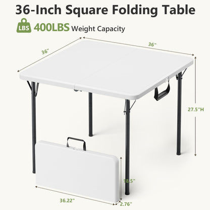 Folding Table 2 Pack, 36 Inch Square Foldable Card Tables, No Assembly Portable Folding Tables, Heavy Duty Fold-in-Half Tables with Carry Handles for Camping, Picnic, Parties, RV Travel & Indoor Use