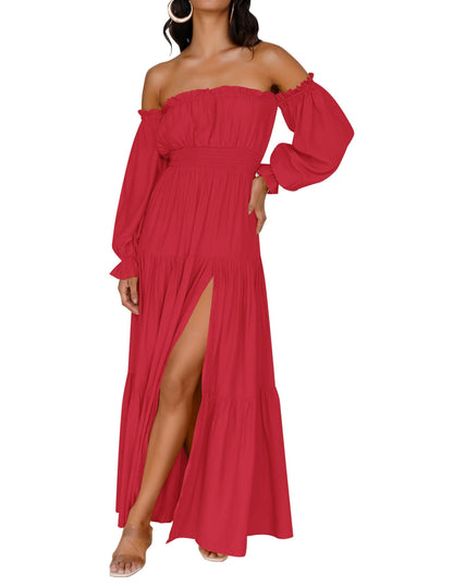 ZESICA Women's 2025 Boho Sexy Off Shoulder Long Sleeve Smocked High Waist Side Split Flowy A Line Tiered Long Maxi Dress