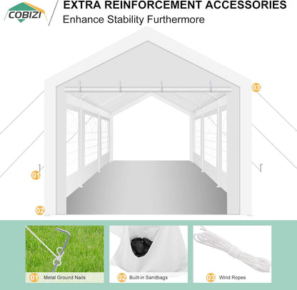 COBIZI 10x20FT Party Tent Heavy Duty for Parties, Large Outdoor Gazebo with Removable Sidewall & Built-in Sandbag, Powder Coating (Better Than Galvanized), Waterproof for Church & Wedding, Pure White