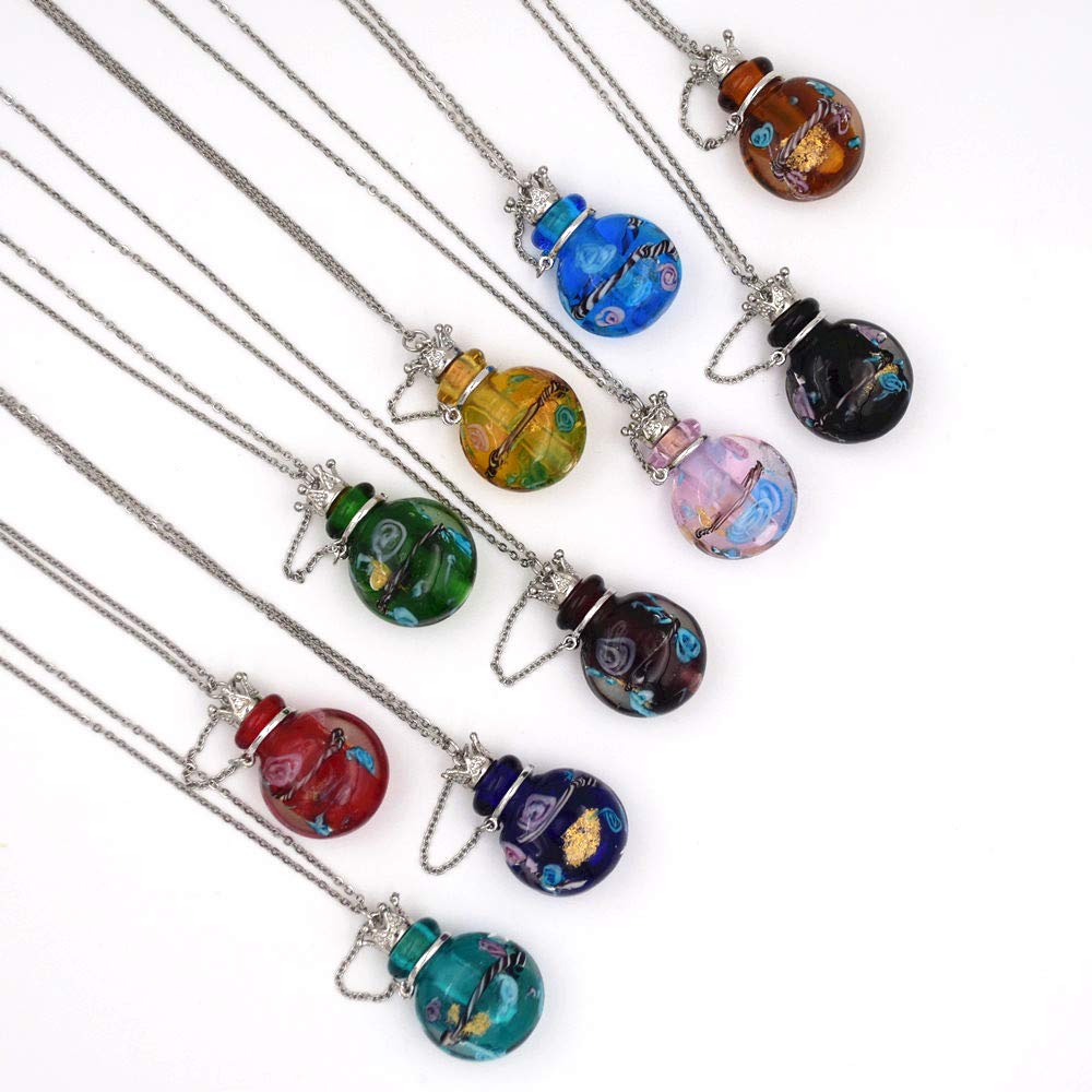 Stainless Steel Colored Glass Pendant Necklace Diffuser Perfume Pendant Aromatherapy Charms (Sky Blue)