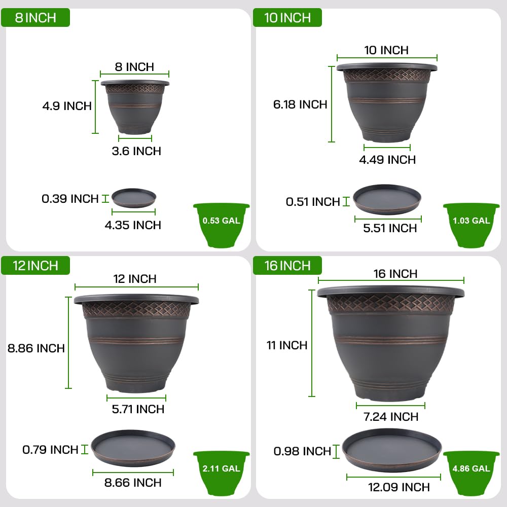 Usocik 4 Pack 16 Inch Large Plant Pots, Plastic Flower Pot for Indoor & Outdoor with Drainage Holes & Saucer, Plaid Pattern Planters Garden Pots for Herbs