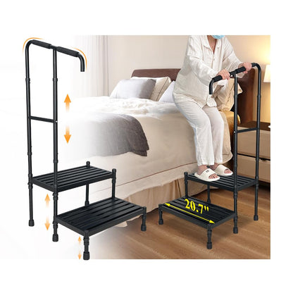 Bed Steps for High Beds for Adults Medical Step Stool with Handle Elderly Handicap Bedside Step Safety Car Step Stool with Handrail 2 Step Platforms Heavy Duty Foot Stool for RV, Kitchen, Bathtub