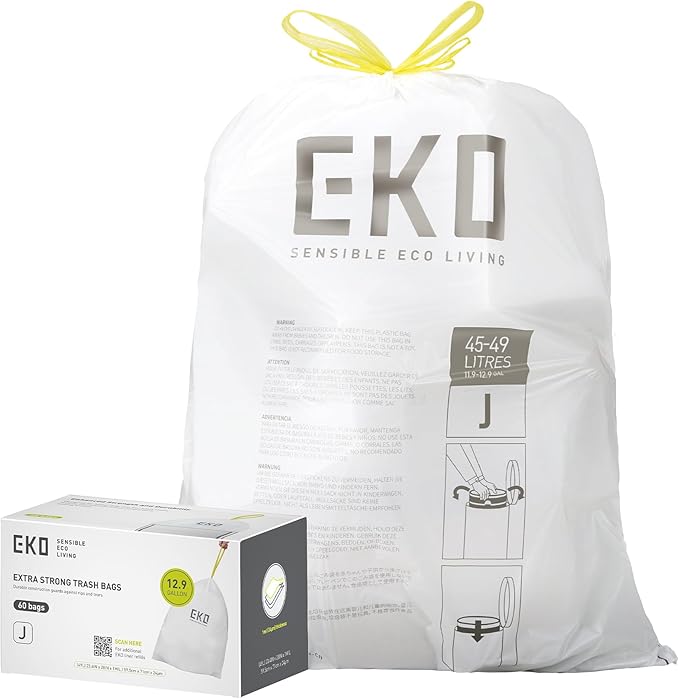 EKO 12.9 Gallon / 45-49 Liter, Extra-Strong Unscented Garbage Bags,