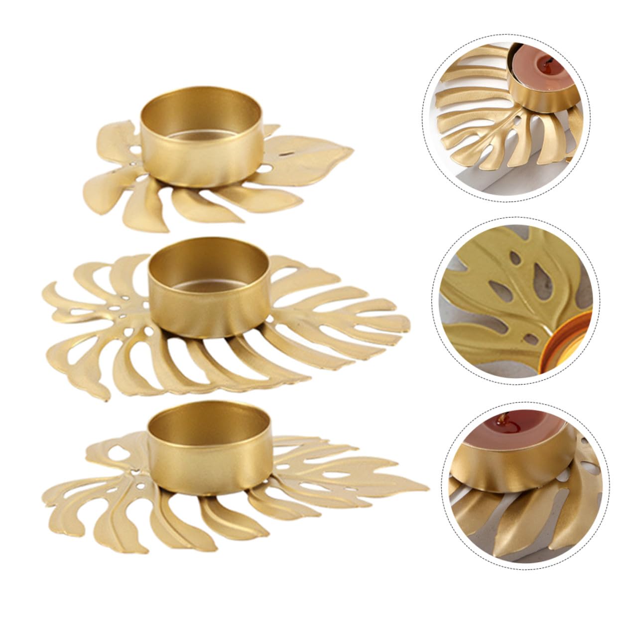 TEHAUX 3pcs Iron Monstera Leaf Candle Holders Tealight Stand Palm Leaf Design for Home Decor and Warm Ambient Lighting