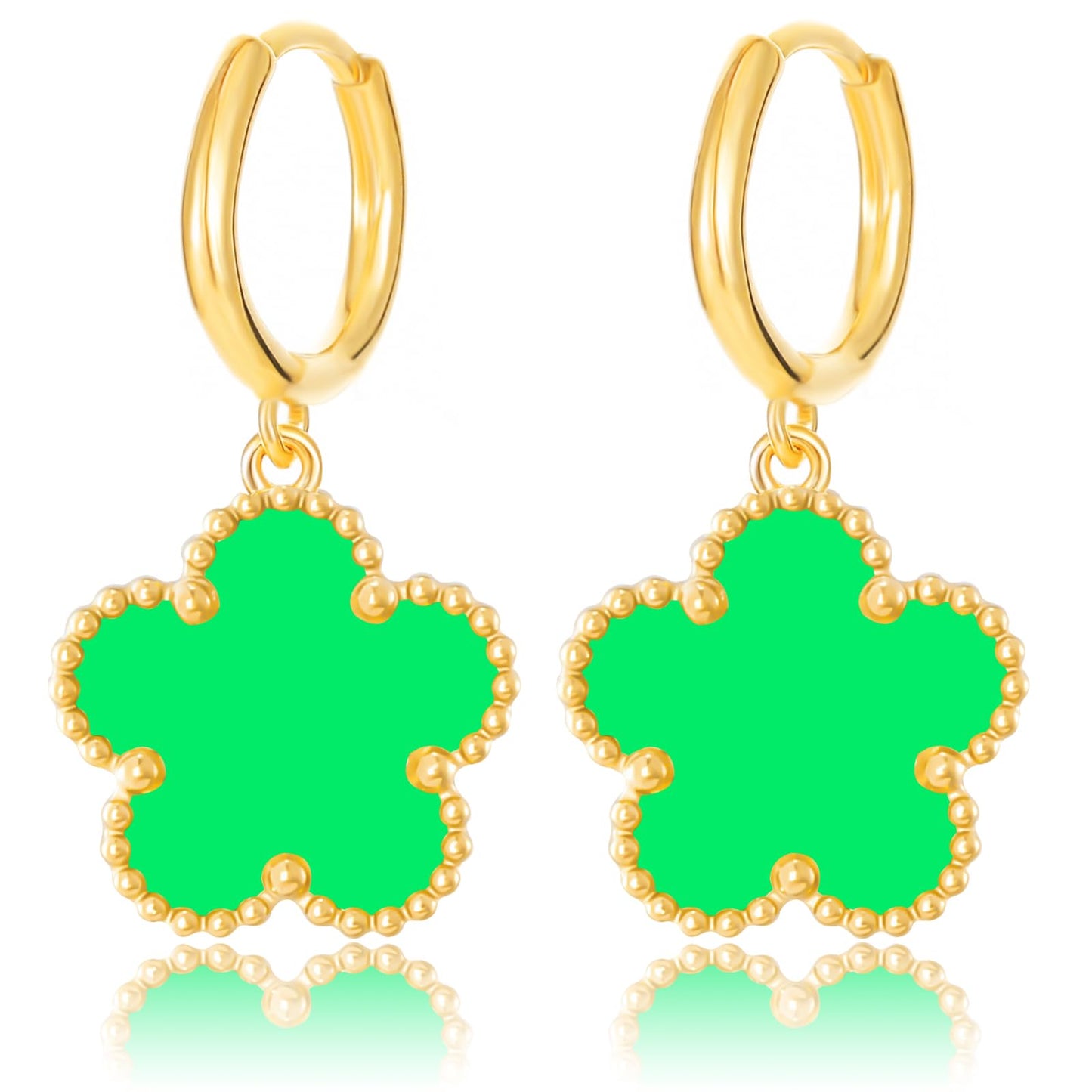 Gold Plated Five Leaf Clover Dangle Earrings for Women Lucky Flower Jewelry (Lime Green-14K Gold Plated)