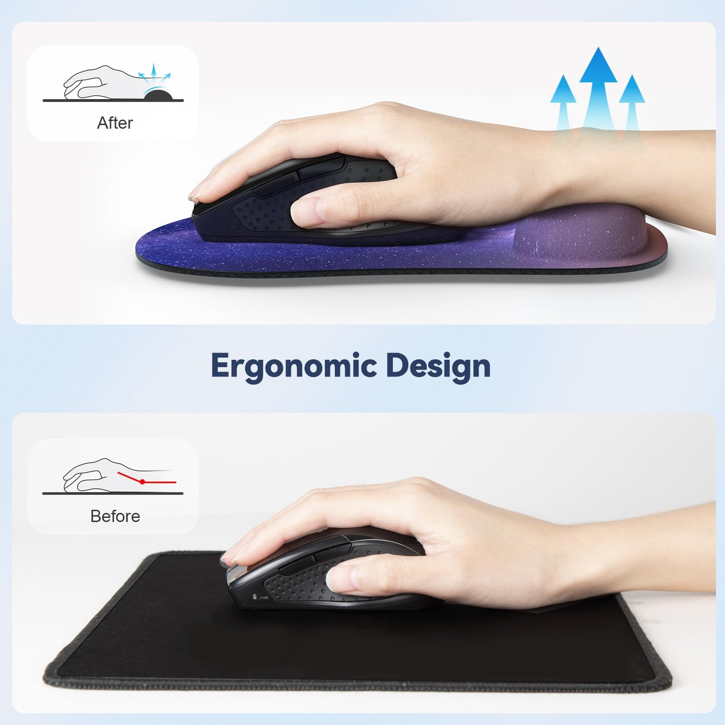 TECKNET Mouse Pad with Wrist Support, Ergonomic Gaming Mouse Pad Pain Relief, Portable Comfortable Mousepad for Computer, Laptop, Office, Home - Non-Slip Base, Waterproof Surface - Dark Purple Galaxy
