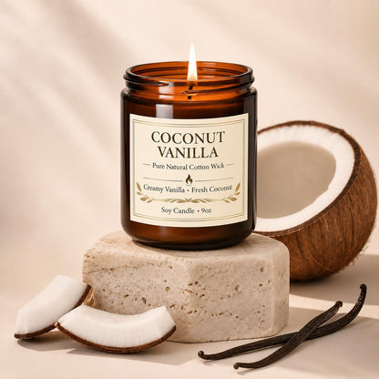 Coconut Vanilla Candle, 9 oz Soy Coconut Wax Scented Candle for Home, Vanilla Coconut Aromatherapy Candle, Clean Burning Jar Candle for Bedroom Bathroom Spa, Candle Gifts for Women Men