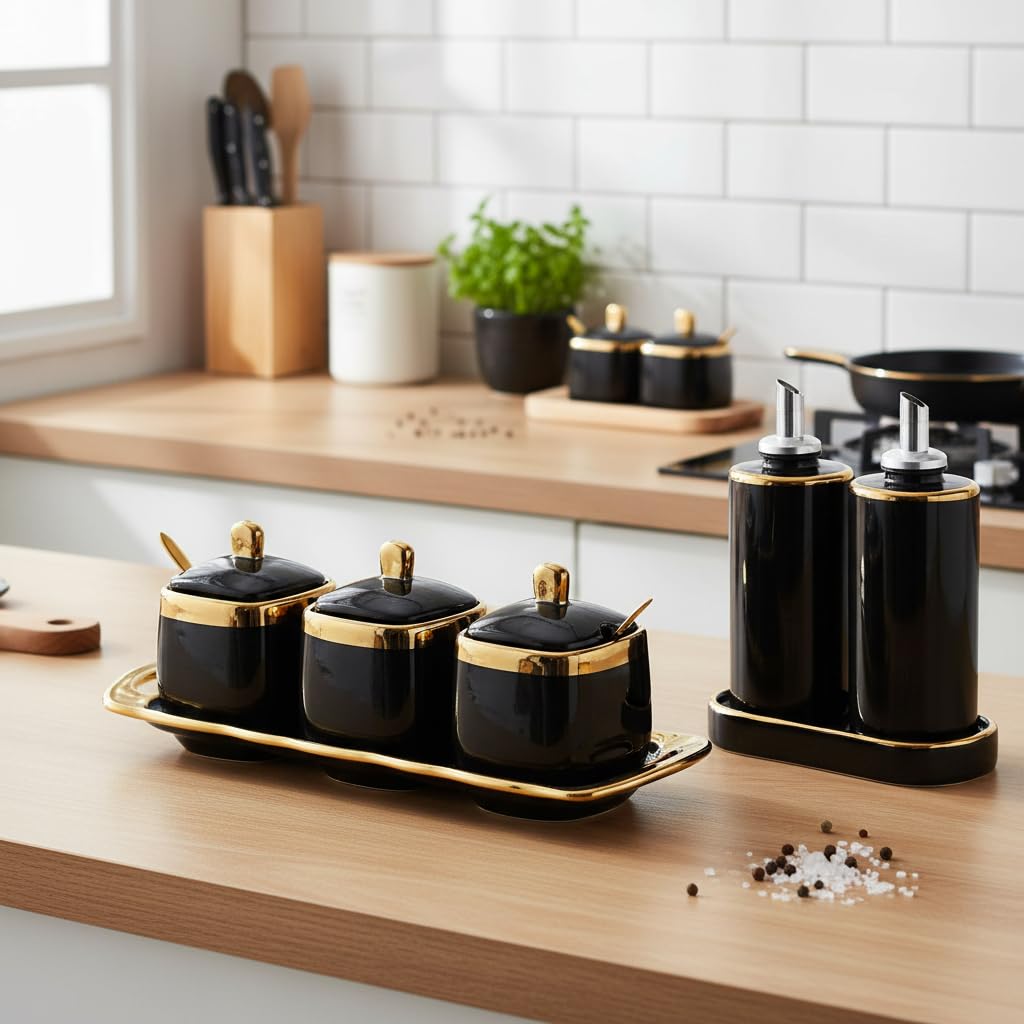 Fvstar Black Sugar Bowl with Lid and Spoon,Ceramic Condiment Jars Spice Container with Tray,Sugar and Salt Bowls,Gold Condiment Containers Pots Seasoning Box Set of 3 for Kitchen Coffee Bar