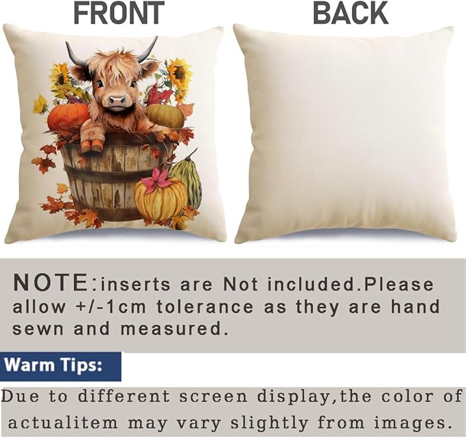 RABUSOFA Fall Decor Pillow Covers 18x18 Inch Highland Cow Autumn Decorations