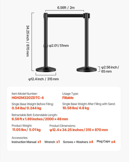 VEVOR Stanchion Post, 4 Pcs Stanchions with Retractable Belts, Carbon Steel Black Stanchions Queue with Sand Injection Hollow Base, Crowd Control Barriers for Theaters, Parties, Weddings, Exhibitions