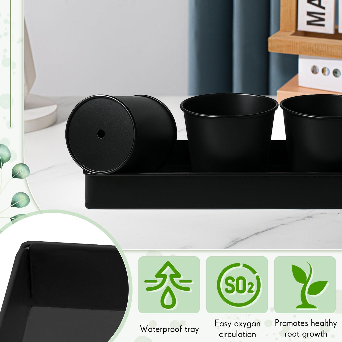 FoldTier 2 Sets Herb Garden Planter Indoor Kit with Trey 10 Pcs Metal Windowsill Plant Pots with Drainage Holes Indoor Herb Planter with Marker and Labels for Home Outdoor Plants (Black)