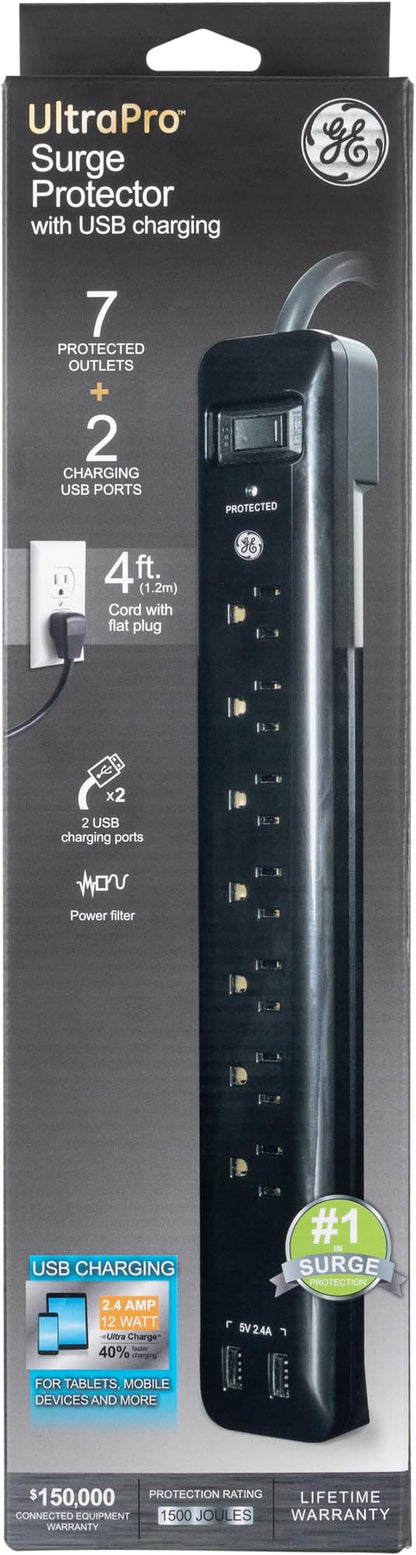 GE 6-Outlet Power Strip with USB, 1 USB-A, 1 USB-C, Outlet Extender, 6 Ft Braided Extension Cord, Flat Plug, Charging Station, Black, 82595