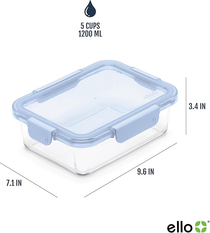 Ello Color Lock 5 Cup 10PC, 5 Pack Glass Meal Prep Sets Leak-Proof Glass Food