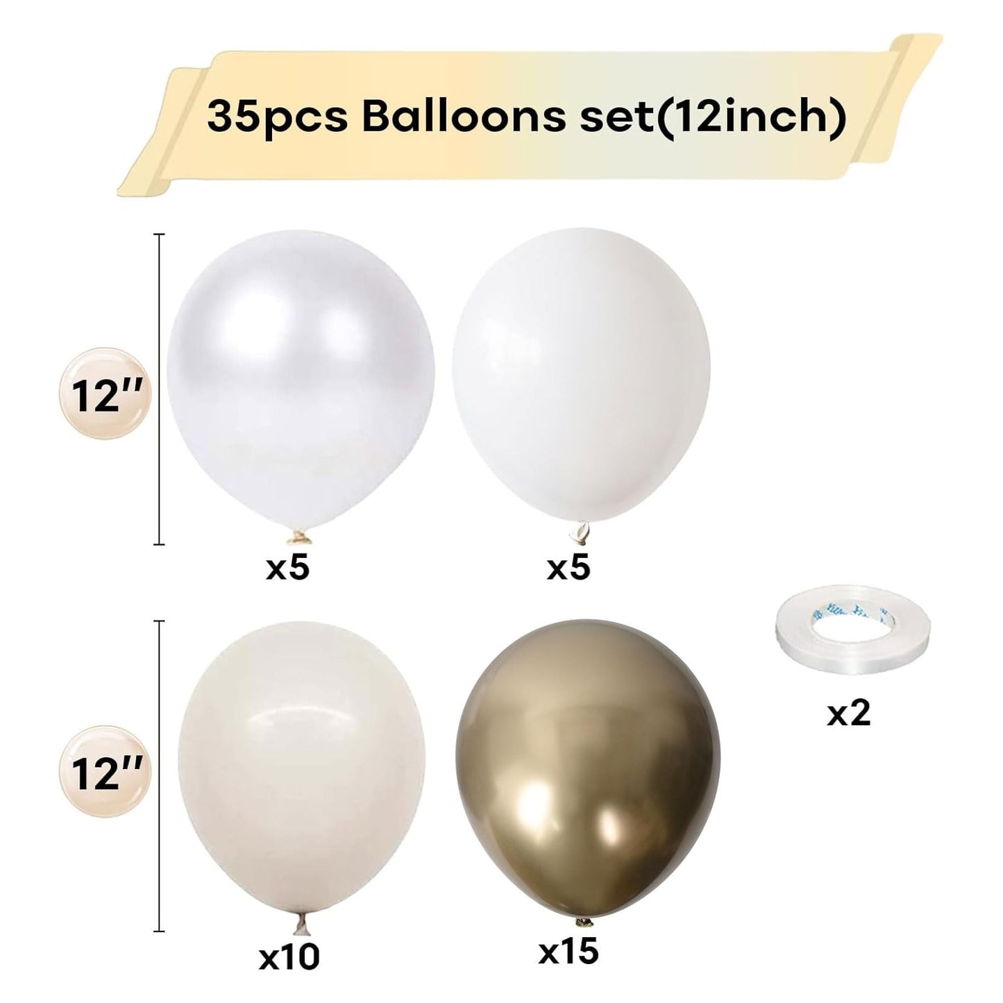 White and Gold Balloons, 12 Inch White Sand Gold Metallic Latex Balloons, Beige Gold Party Balloons for Boho Birthday Baby Shower Engagement Wedding Anniversary Party Decorations
