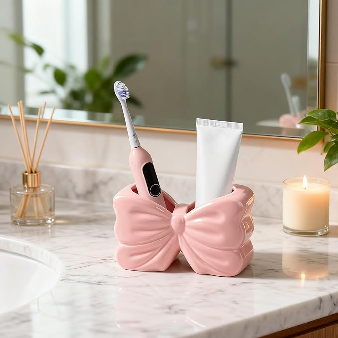 Bow Toothbrush Holder， 2-Slot Toothbrush and Toothpaste Holder Cute Toothbrush