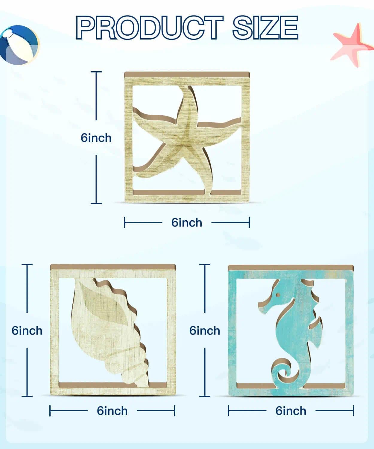 Putuo Decor Coastal Decor, Ocean Themed Tabletop Decor Set of 3, Seashore Seahorse Starfish and Shell MDF Desk Accents for Living Room, Bedroom, Office, Beach House