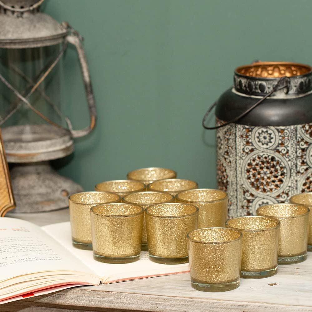 Gold Votive Candle Holders, BeMoment Glitter Glass Tealight Candle Holder for Christmas, Wedding Decor and Home Decor, Festival, Xmas, Holiday, Set of 12(2”×2”)