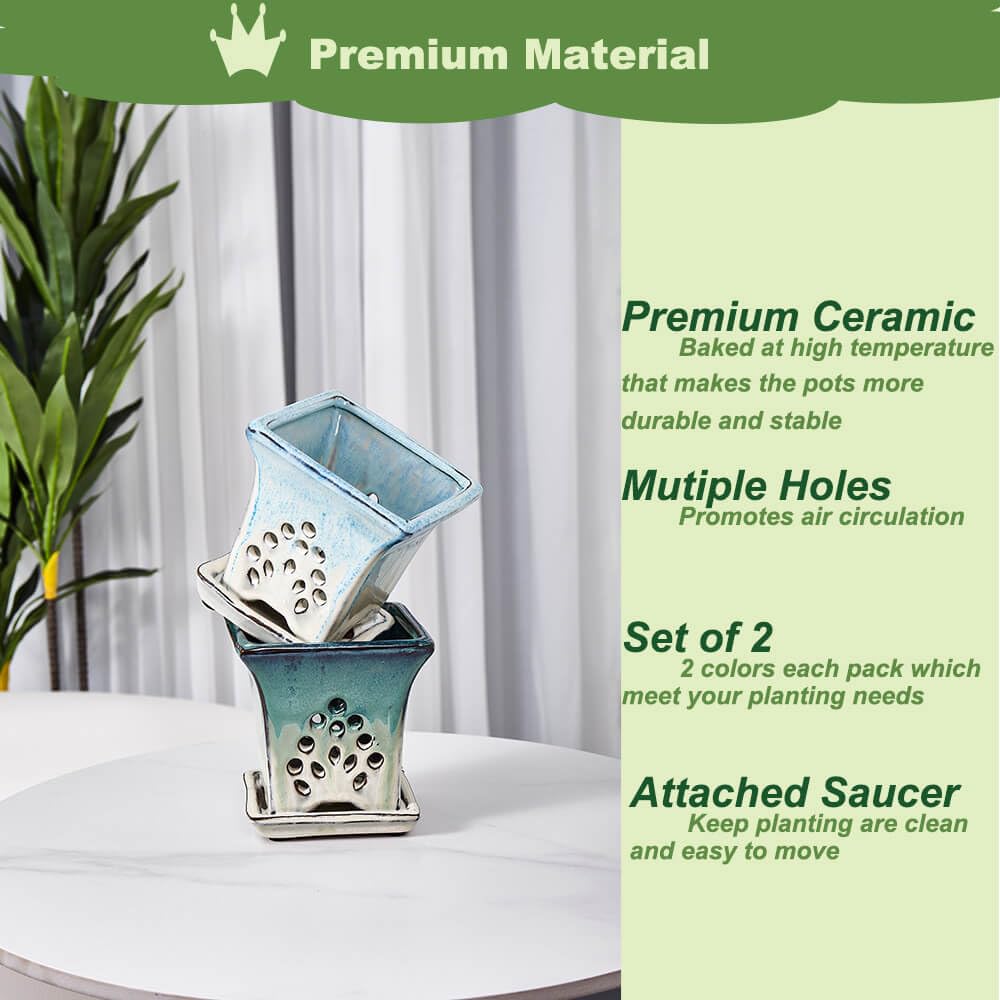 Ceramic Orchid Pots with Holes attached Saucers 4.8 Inches - Set of 2 Small Square Orchid Pots for Repotting, Decorative Ceramic Orchid Planter with Hole for Healthy Root Growth Green Blue Mixed
