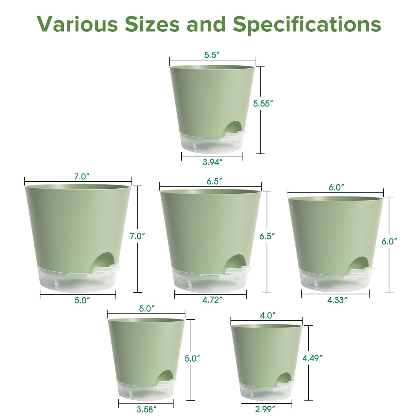 GARDIFE 2026 Upgraded Self Watering Plant Pots with Drainage Hole, 7/6.5/6/5.5/5/4 Inch Flower Planting Containers for House Plants, African Violet, Flowers, Cactus (Green, 7+6.5+6+5.5+5+4 inch)