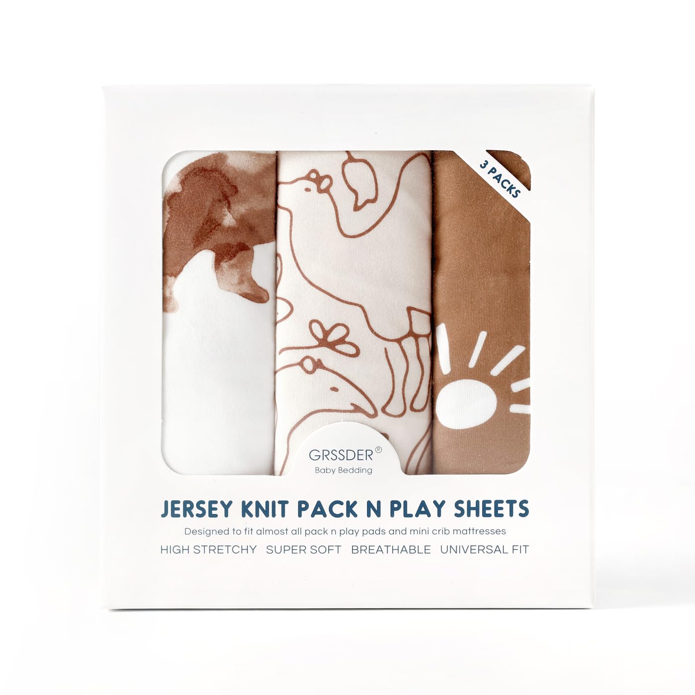 GRSSDER Fitted Pack N Play Sheets 3 Pack, Stretchy Ultra Soft Jersey Knit Portable/Mini Crib Sheets, Universal Fit for Pack N Play Pads Safe and Snug, Stylish Playard Sheets for Boys and Girls