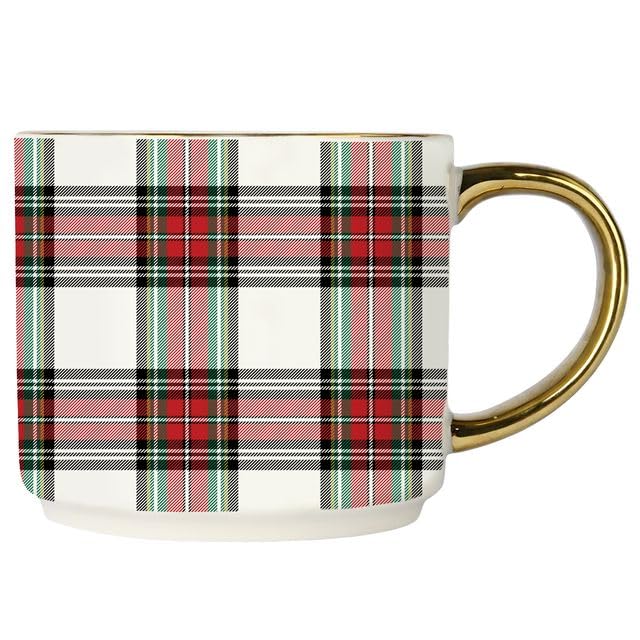 Sweet Water Decor White Plaid Coffee Mug, 14oz China Christmas Mug with Gold Handle, Large Holiday Winter Cup for Coffee, Tea & Hot Chocolate, Stocking Stuffer Gifts for Women