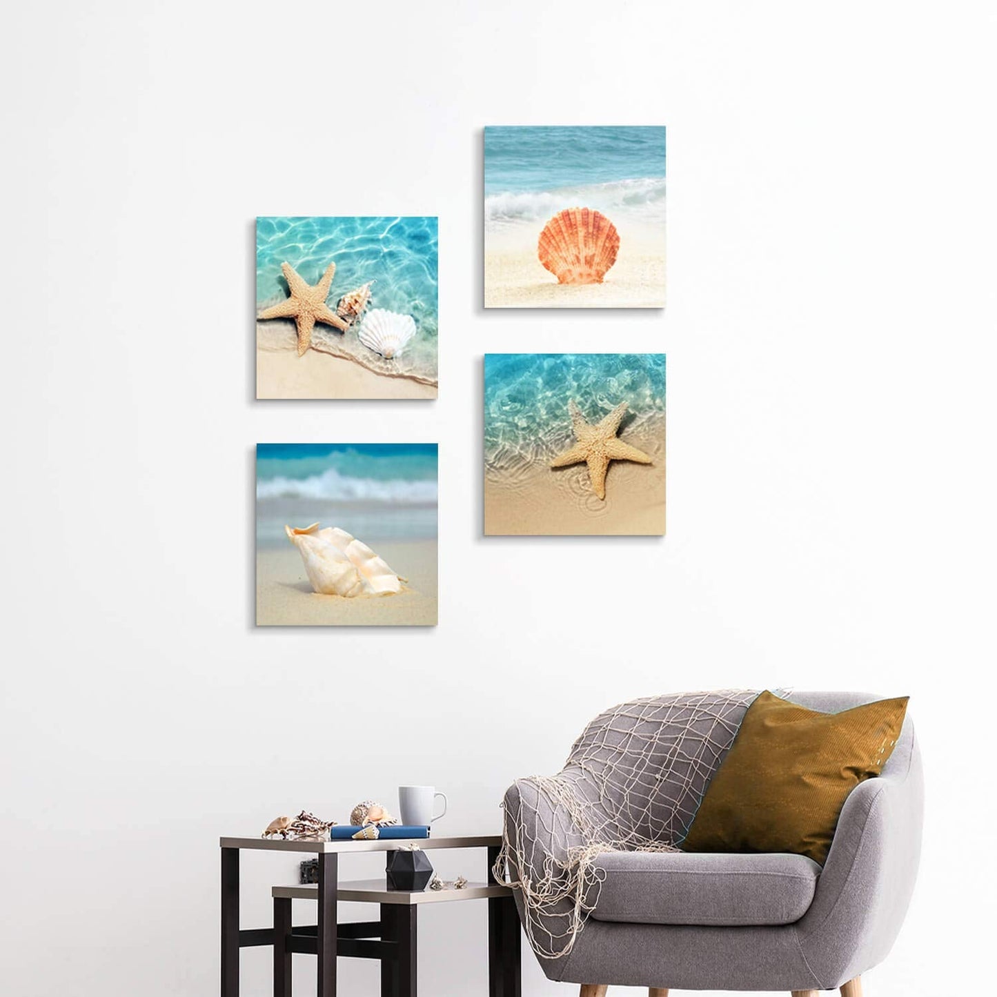 Hardy Gallery Beach Seashell Starfish Wall Art: Blue Ocean Beauties Artwork Print on Wrapped Canvas for Living Room (12''x12''x4pcs)
