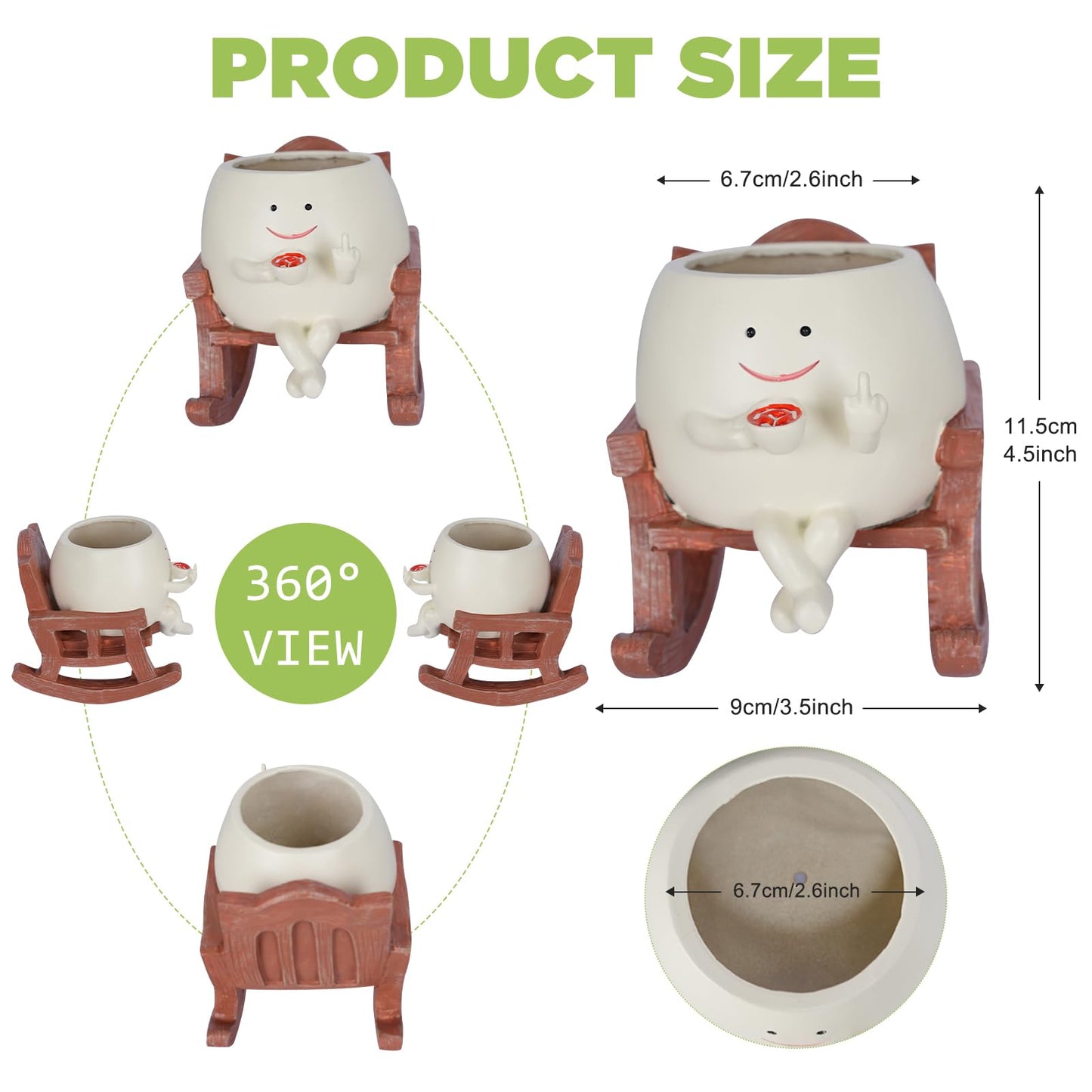 Heakrit Smiley Face Plant Pots, Cute Resin planters for Indoor Outdoor, Unique Rocking Chair Succulent Pots with Drainage Hole, Gift IdeaI for Family and Friends, Brown