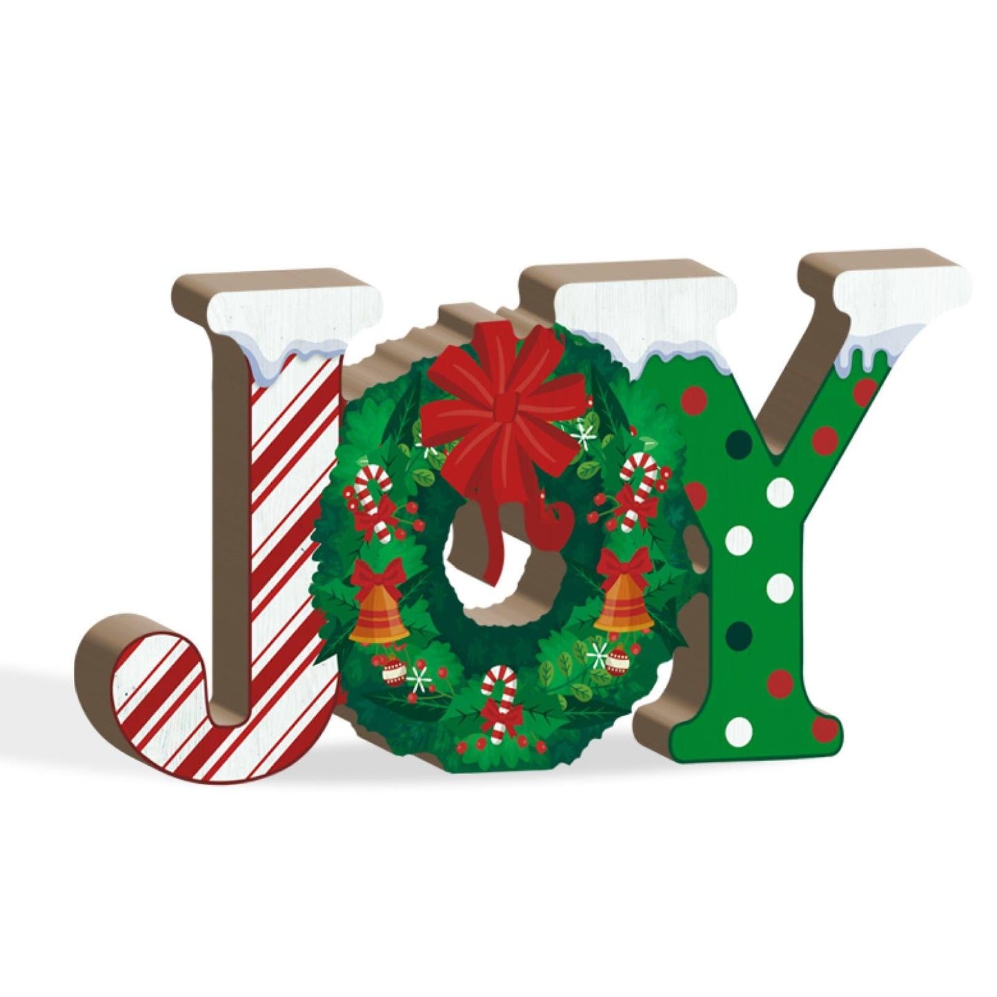 Putuo Decor Christmas Table Decor, Red Joy Christmas Letters Decorations Indoor with Wreath Candy Cane Pattern, Wooden Joy Christmas Sign for Home Fireplace Mantel Xmas Holiday Decor