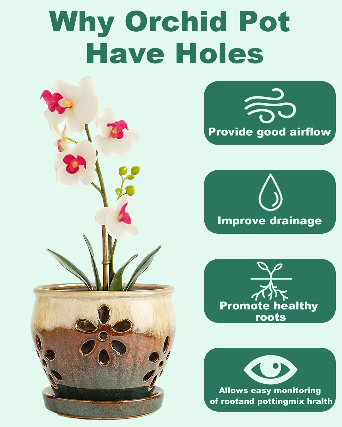 Vensovo 4 Inch Ceramic Orchid Pots with Drainage Holes and Saucers, 2 Pcs Small Planters for Orchids Succulents Repotting, Indoor Outdoor Ceramic Flower Pots for Healthy Root Growth (Blue Brown Mixed)