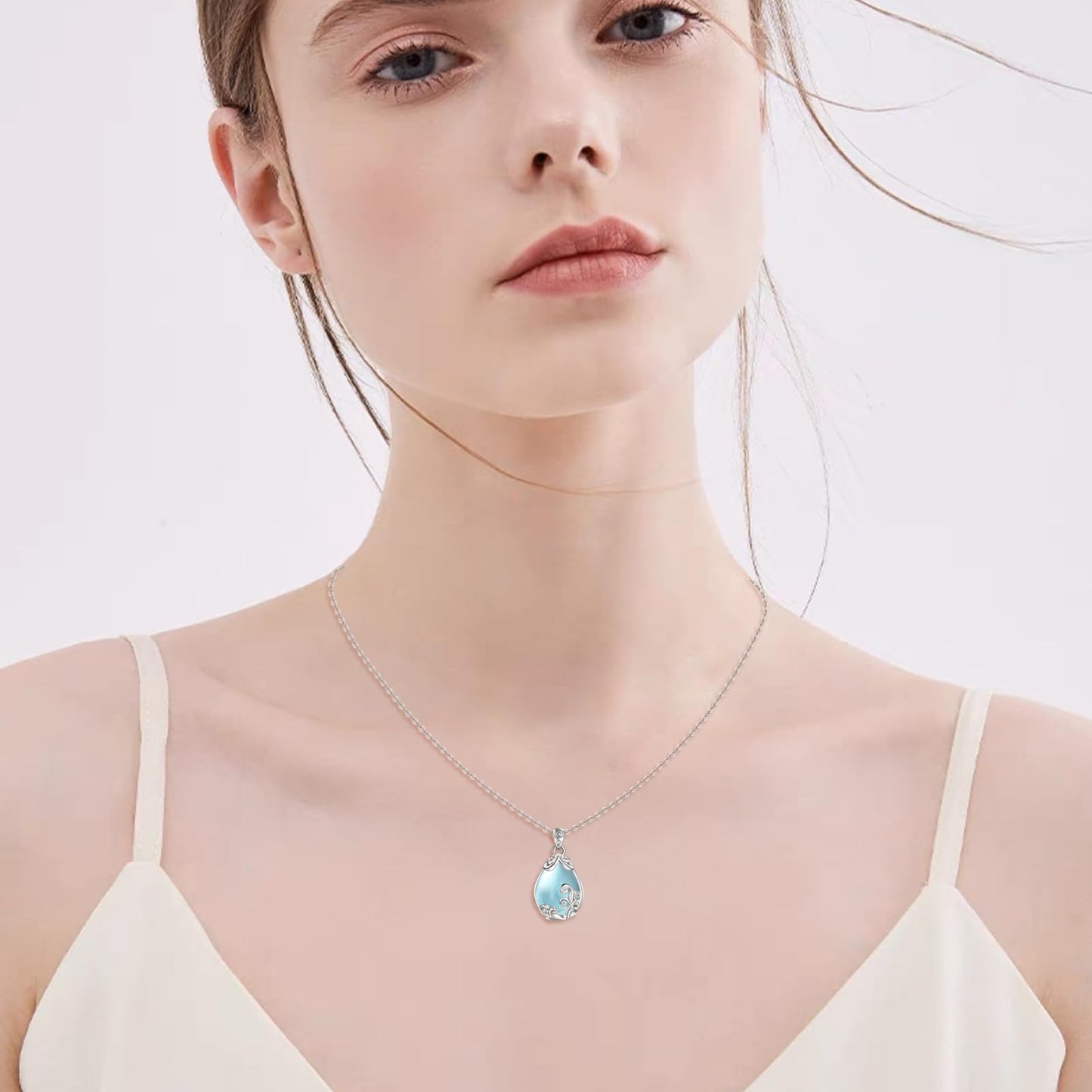 POPLYKE Sterling Silver Aquamarine Filigree Teardrop Pendant Necklace Gemstone Crystal Jewelry for Women